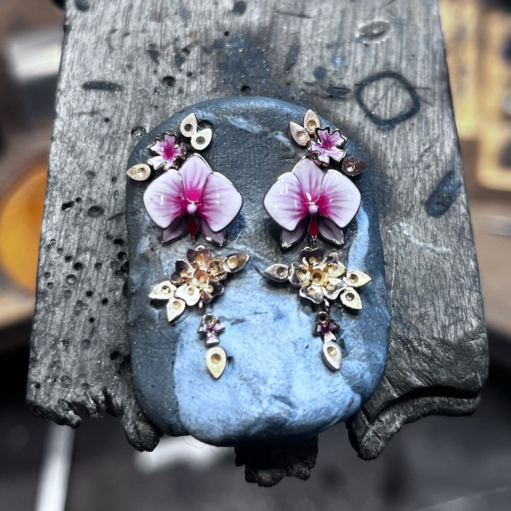 The Making of Argyle Pink Diamond & Enamel Orchid Flower Earrings by Matthew Ely Jewellery