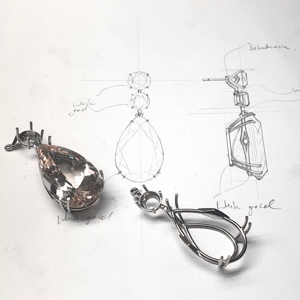 The Making of Diamond, Malayan Garnet & Morganite Drop Earrings 