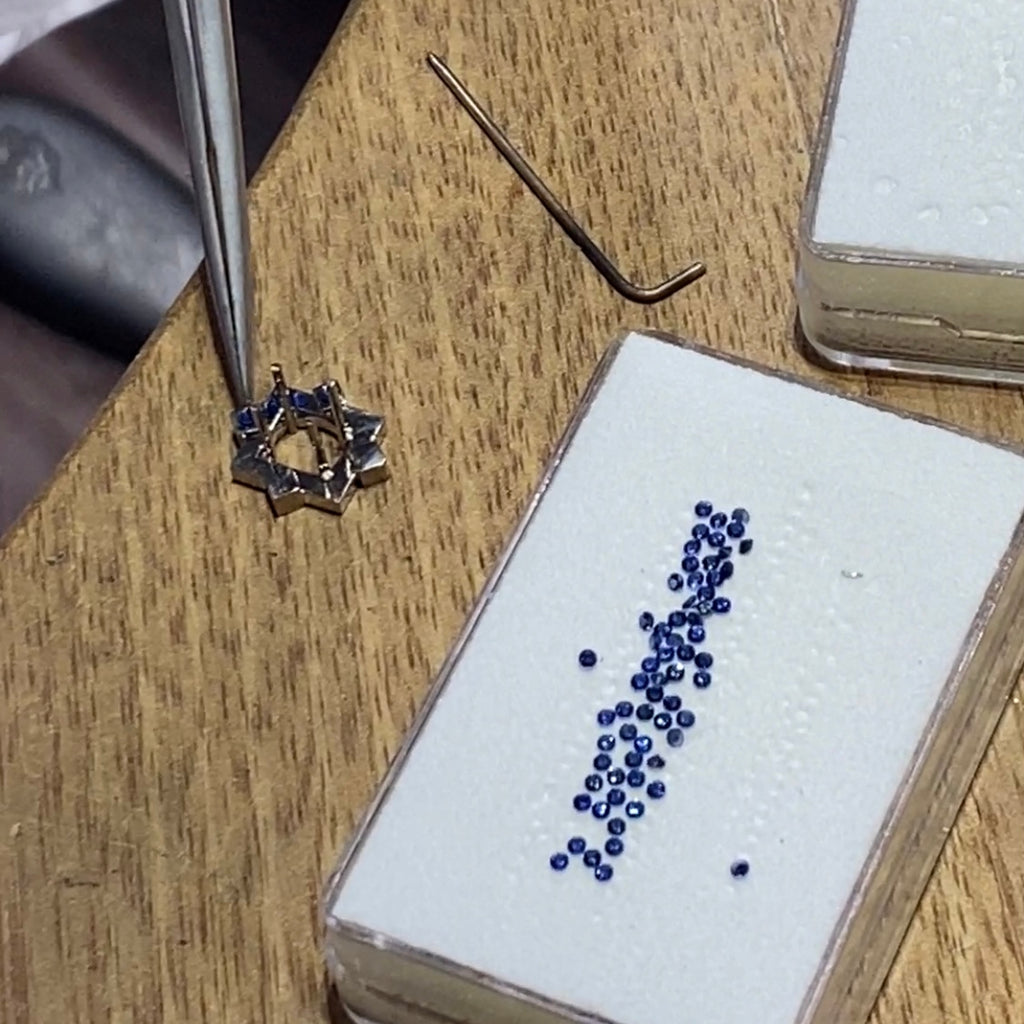 The making of an 18ct White Gold, Sapphire and Tanzanite Lapel Pin
