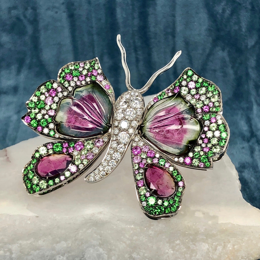 Tourmaline, Diamond, Pink Sapphire & Tsavorite Garnet Butterfly Brooch