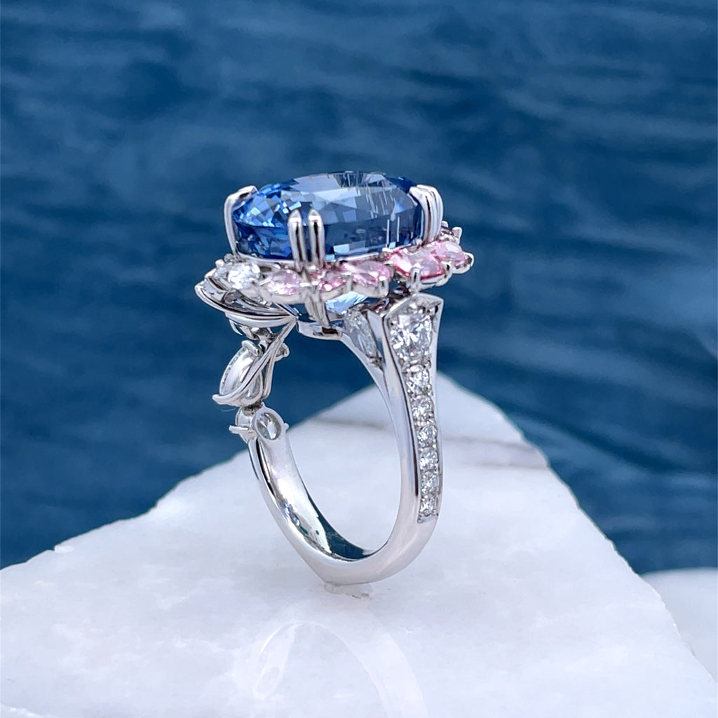 Unheated Blue Sapphire, Argyle Pink & White Diamond Ring