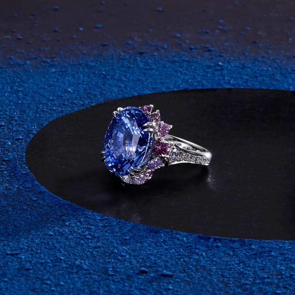 Unheated Sapphire, Argyle Pink & White Diamond Ring