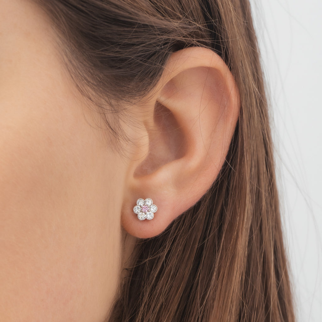 White & Argyle Pink Diamond Flower Stud Earrings by Matthew Ely Jewellery