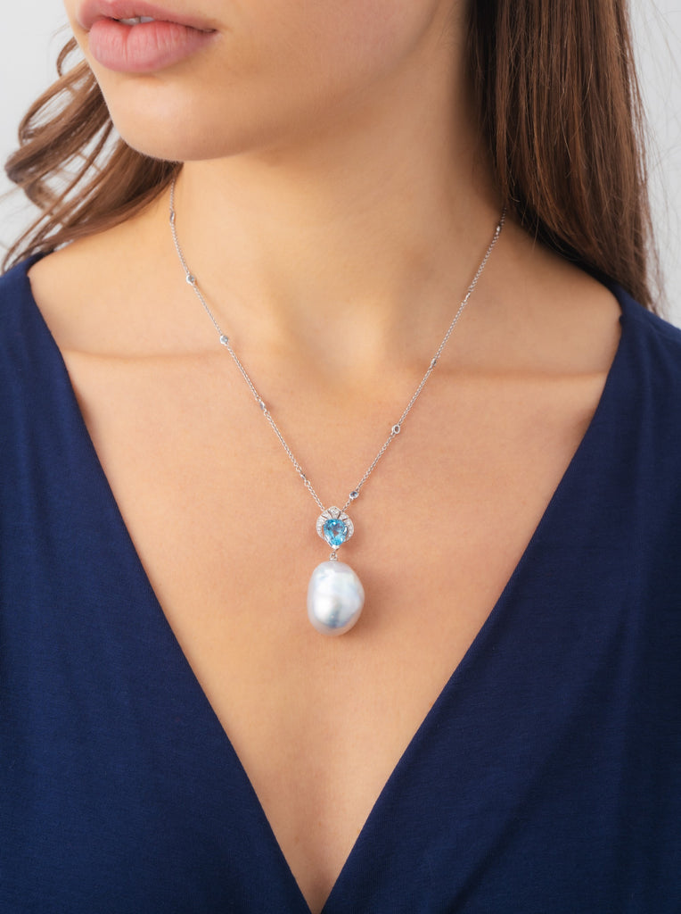 Baroque pearl, aquamarine and diamond necklace by Matthew Ely