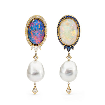 18ct Yellow Gold, Pearl, Diamonds & Opal Earrings