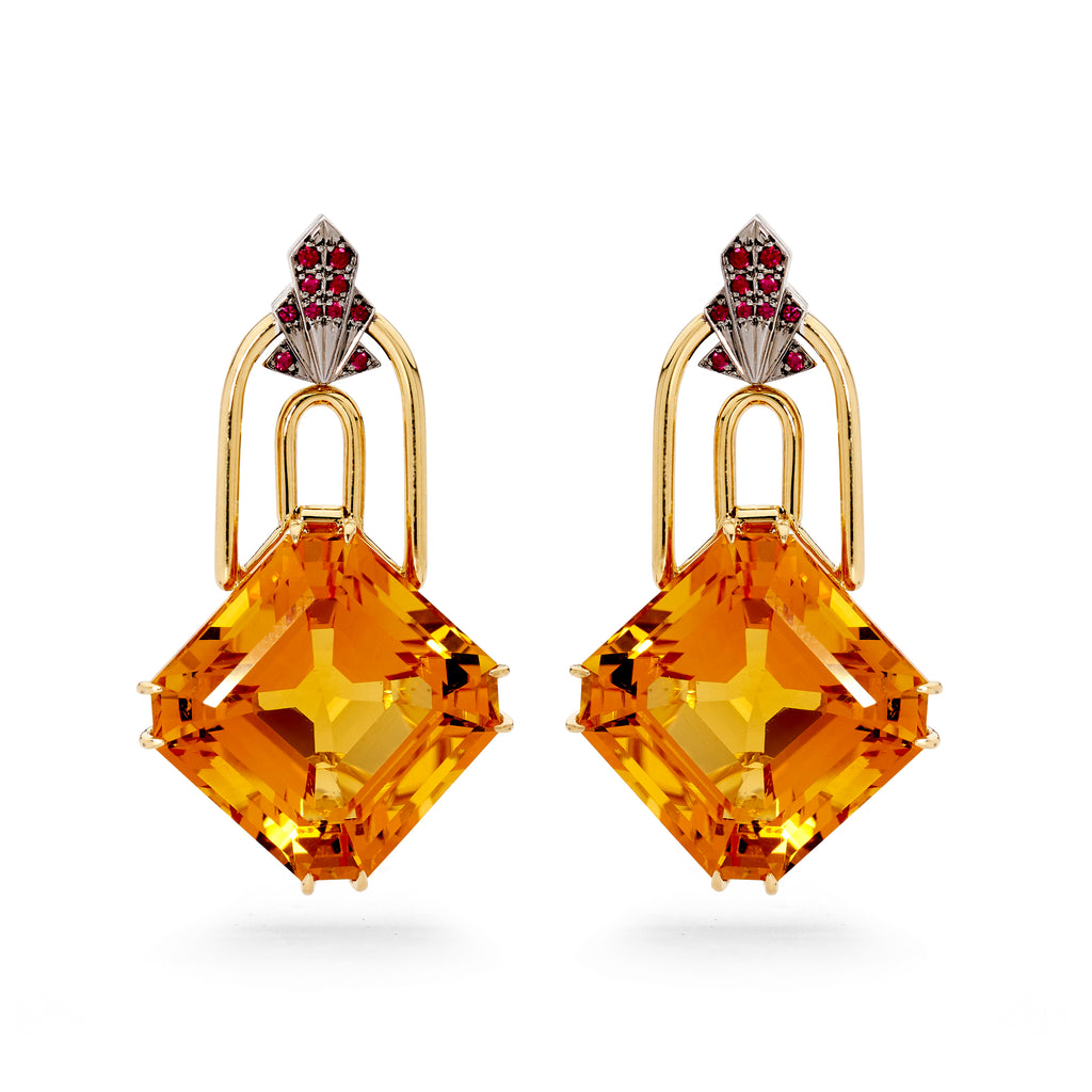 Art Deco Ruby, Diamond & Citrine Earrings by Matthew Ely Jewellery