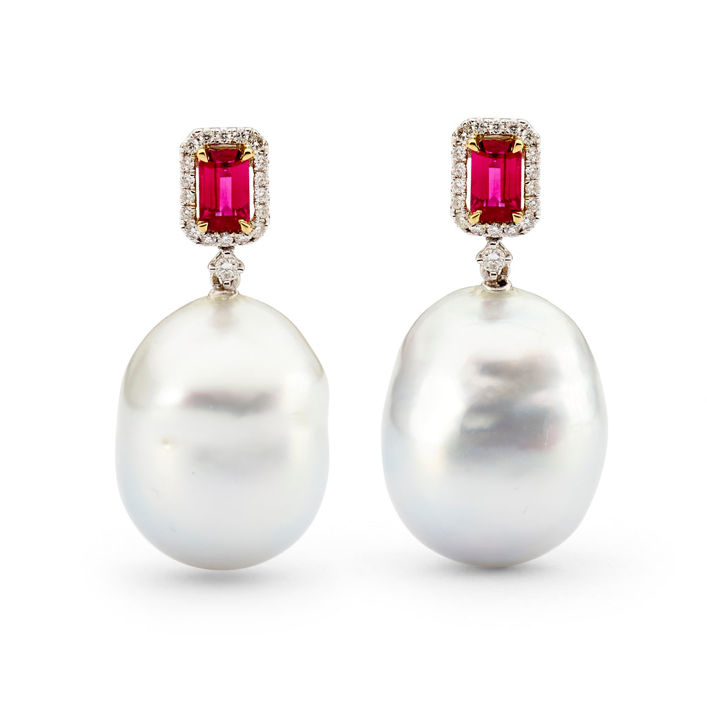 18ct White Gold, Ruby, Diamond & Autore Baroque Pearl Drop Earrings by Matthew Ely