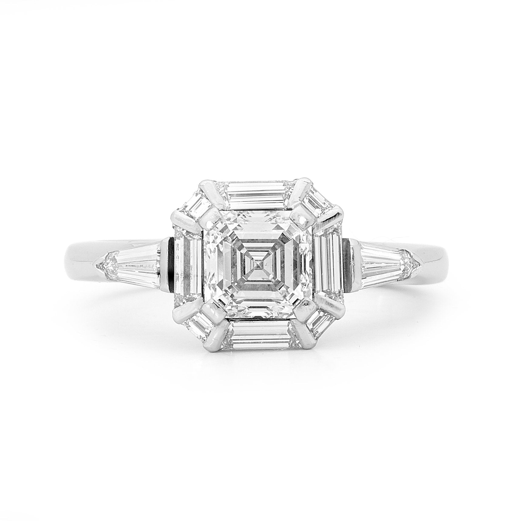 Asscher Cut And Tapered Baguette Diamond Ring - Dominic Walmsley