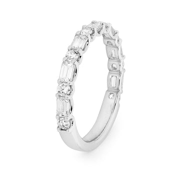 18ct White Gold, Brilliant & Emerald Cut Diamond Wedding Ring