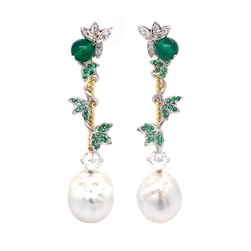 18ct Yellow & White Gold, Boston Ivy Emerald, Pearl & Diamond Earrings