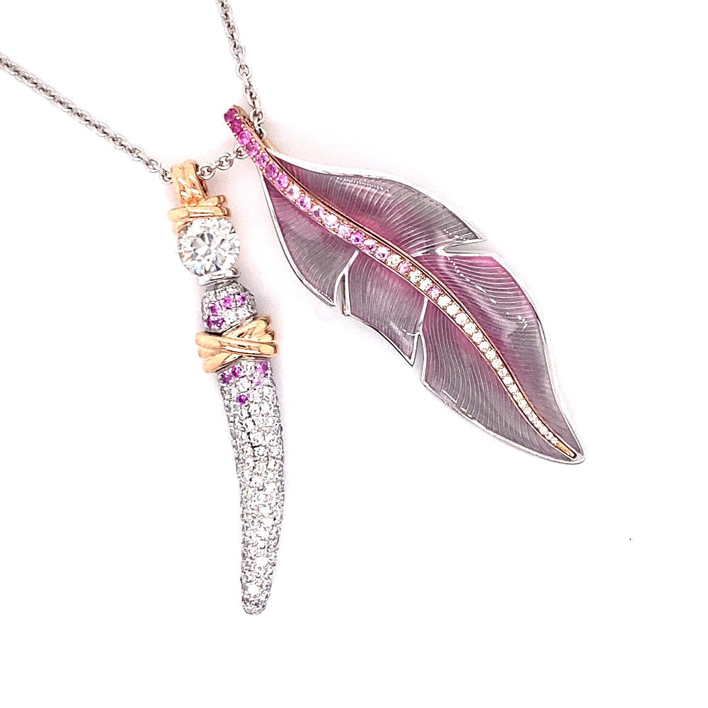 Diamond & Pink Sapphire Feather and Bone Pendants