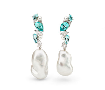 Paraiba Tourmaline & Keshi Pearl Drop Earrings by Matthew Ely