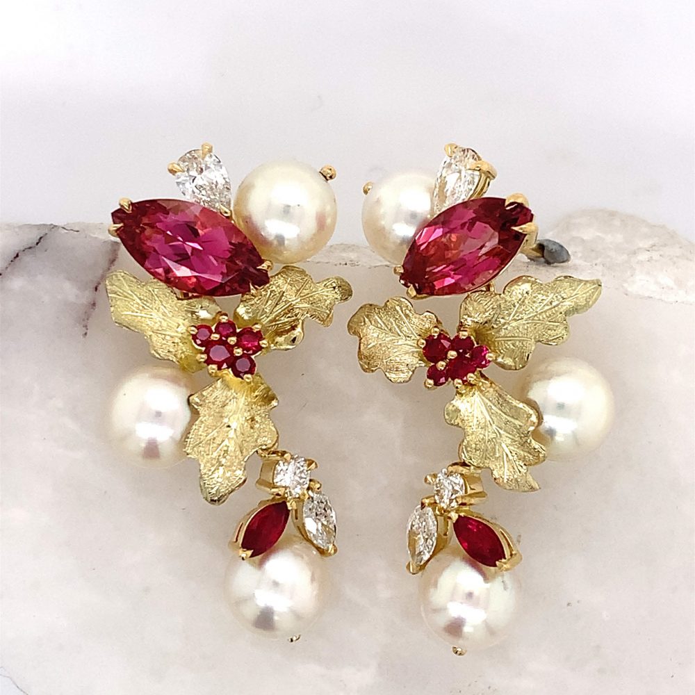 Pink Tourmaline, Ruby, Diamond & Pearl Drop Earrings
