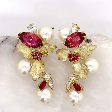 Pink Tourmaline, Ruby, Diamond & Pearl Drop Earrings
