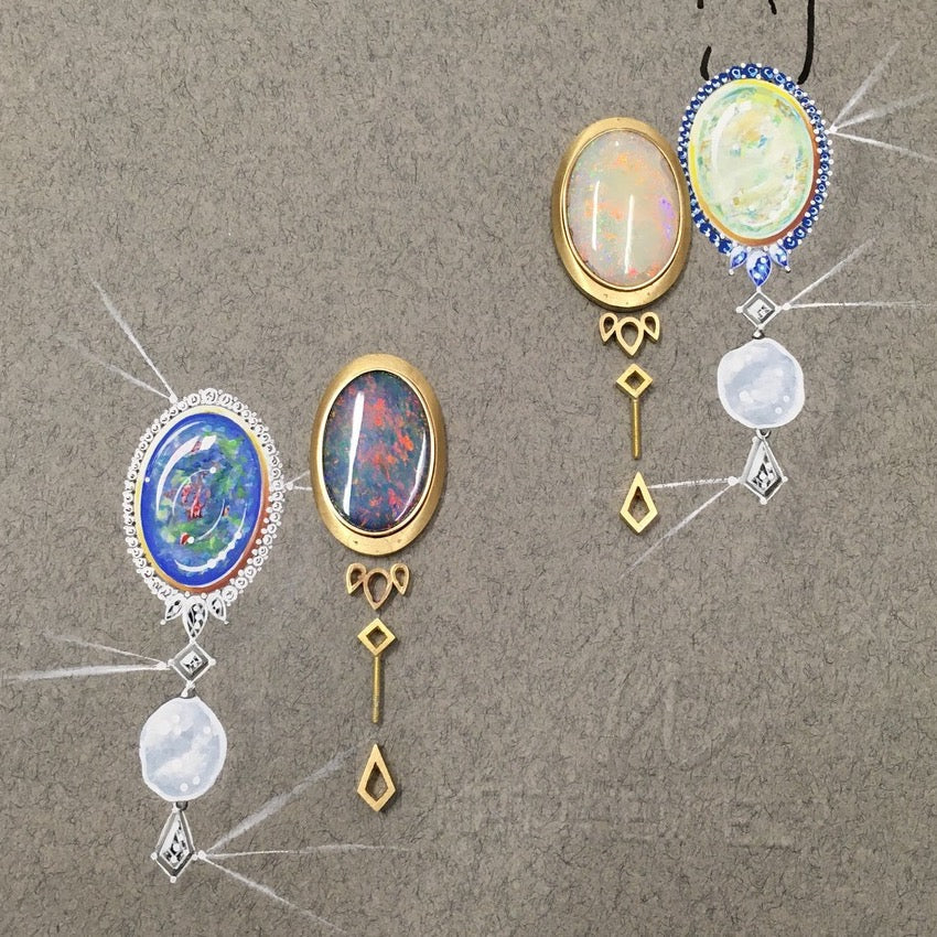Sketch of 18ct Yellow Gold, Opal, Pearl & Diamond Earrings by Matthew Ely Jewellery