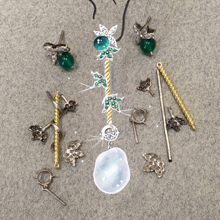 Sketch of 18ct Yellow & White Gold, Boston Ivy Emerald, Pearl & Diamond Earrings