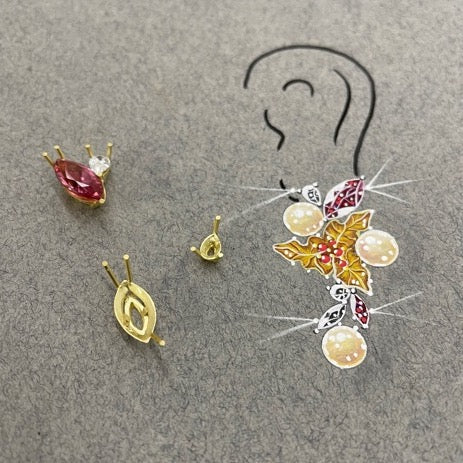 Sketch of Pink Tourmaline, Ruby, Diamond & Pearl Drop Earrings
