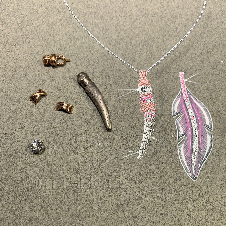 Sketch of a Diamond & Pink Sapphire Feather and Bone Pendants