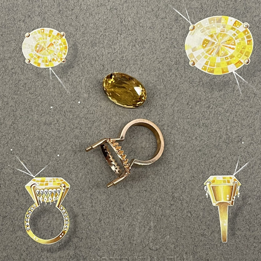 Sketch of a Making of a Rose Gold, Diamond & Citrine Ring