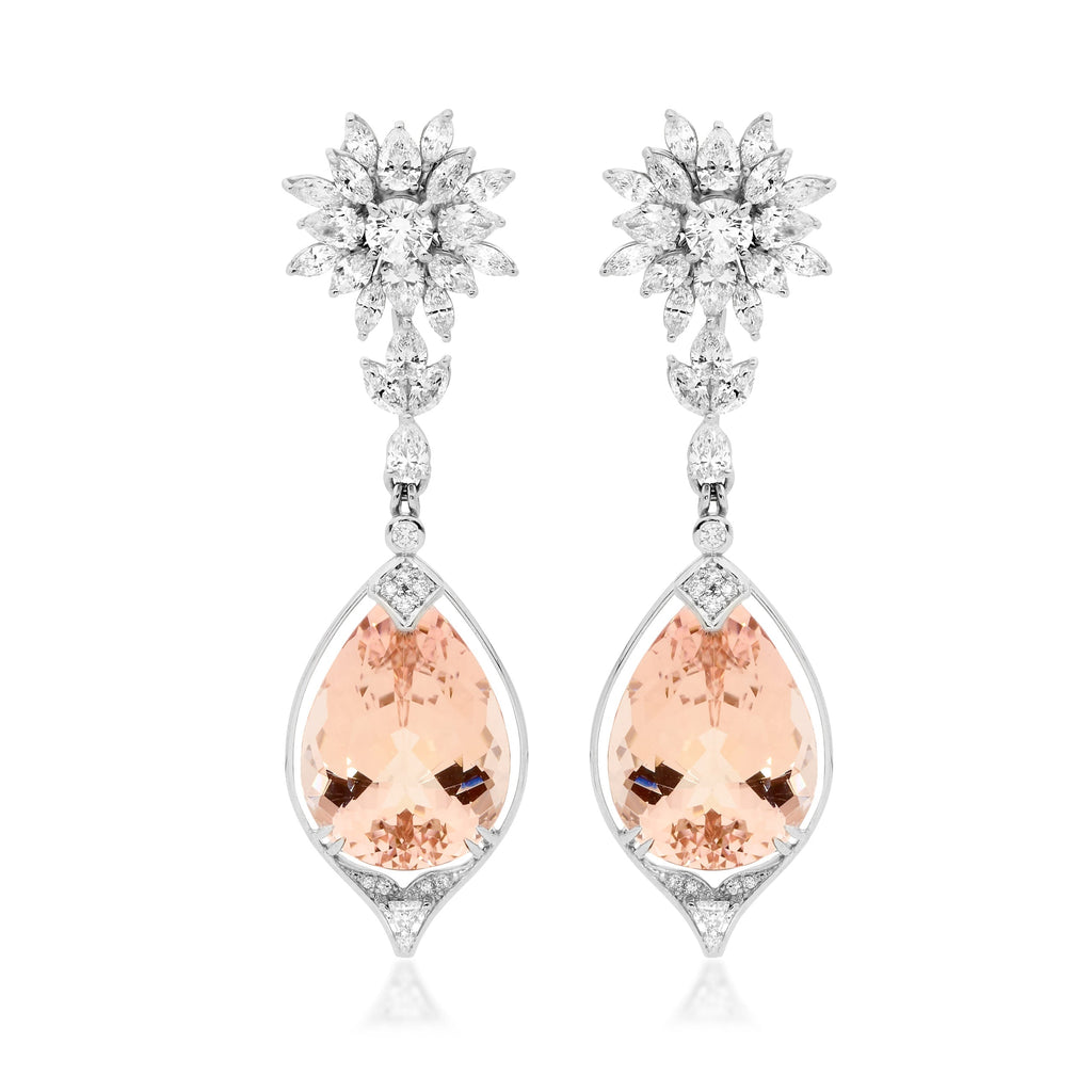 Snowflake Diamond Earrings with Morganite Drops Custom Made by Matthew Ely Jewellery